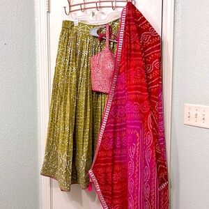 Lehenga choli medium sequin gold embroidered green pink red Indian wedding guest